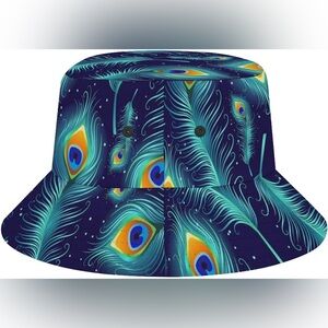 NWOT! Bucket Hats Peacock Feathers Green Fisherman Hat Sun Cap Unisex
